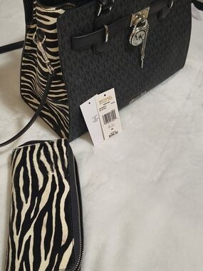 Michael Kors Black Zebra-Accent Tote Bag Includes Wallet Keychain